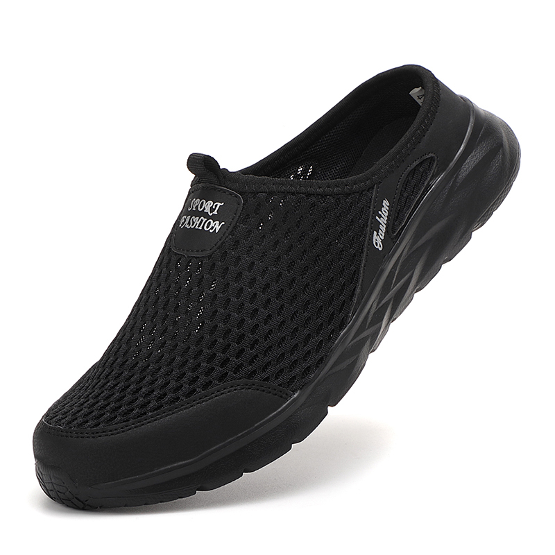  Men's semi-slippers summer breathable mesh men's shoes outdoor leisure walking shoes flat bottom black mesh slippers sandals 46 