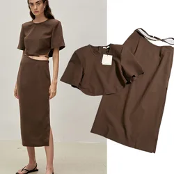 Maxdutti Minimalist Fashion Brown Short Shirt Pullover Round Neck Top Blouse High Waist Hollow Midi Skirt Women Suits