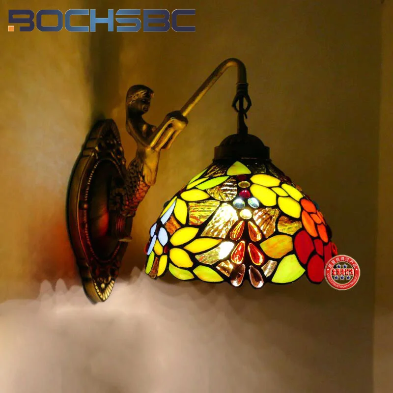 

BOCHSBC Tiffany style European vintage stained glass 8inch wall lamp for dining room bedroom bedside corridor cafe LED decor