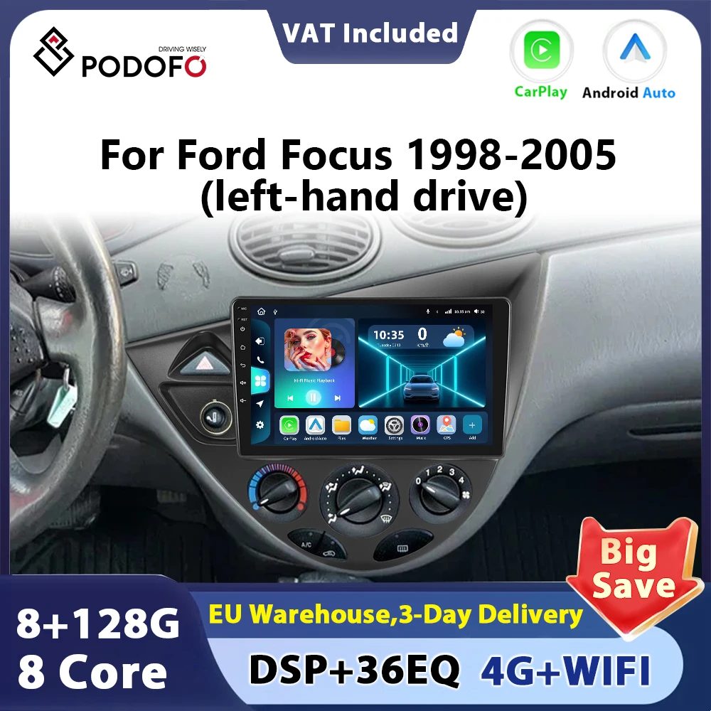 Podofo 8core Auto Radio Carplay Android autoradio pour Ford Fiesta 1995-2001 Focus Mk1 1998-2004 AI voix GPS FM 2 din Autoradio