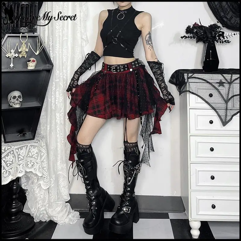 Gothic Black and Red Checkered Midi Skirt Women Fashion Polka-Dot Mesh Asymmetrical Tulle Skirt Halloween Night Out Dress Up