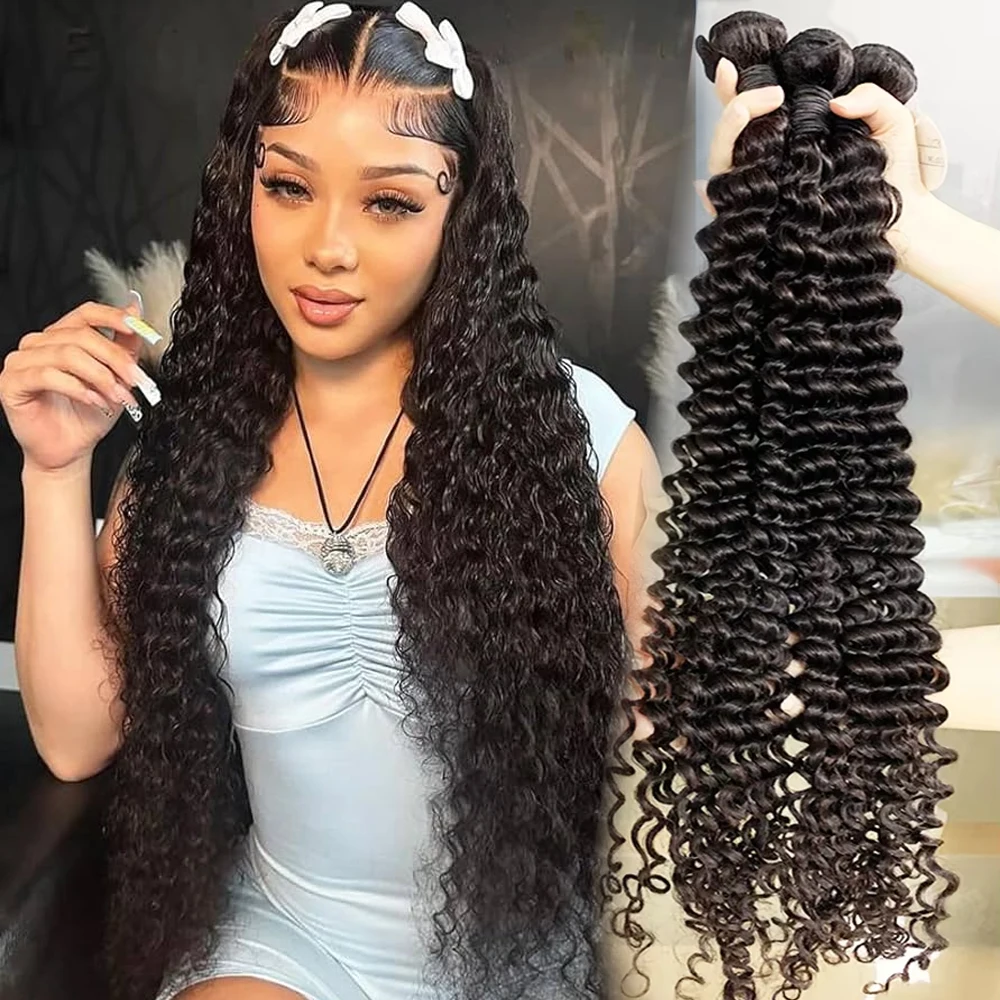 Deep Wave Human Hair Bundles Brazilian 28 30 inch Virgin Hair 3 4 Bundles For Women Sew In Quick Curly Weave Raw Hair Extensions