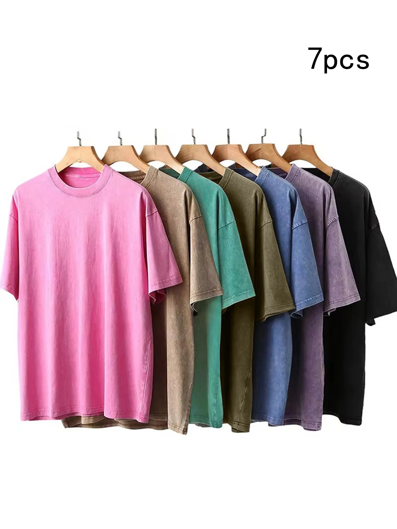 

7PCS Daily Fashion Casual Basic Bottom T Shirt Multi Pack Men's Women's American Vintage Washed Solid Color Short Sleeve Tees