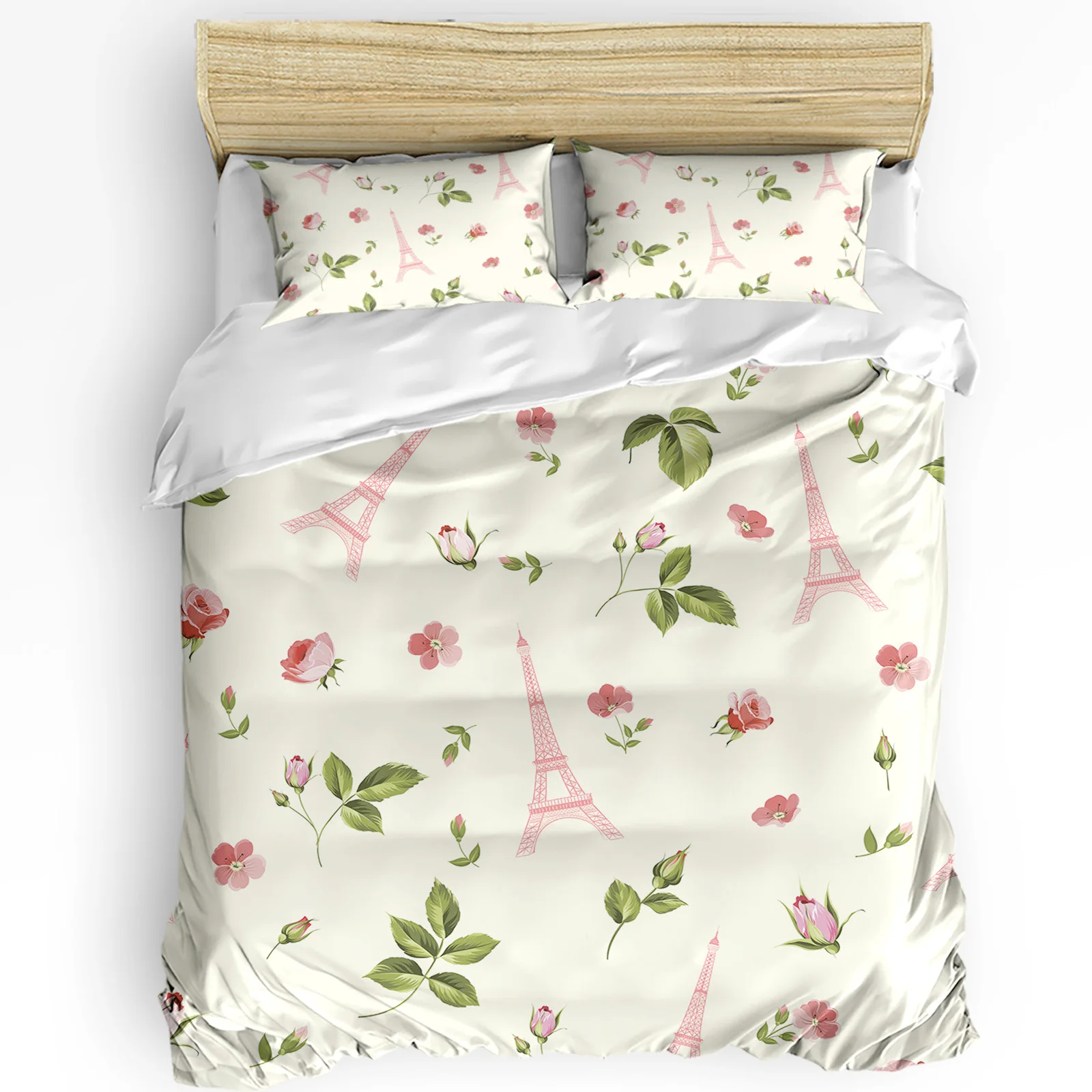 

Spring Pink Flowers Green Leaves Eiffel Tower Duvet Cover with Pillow Case 3pcs Bedding Set Quilt Cover Double Bed Home Textile