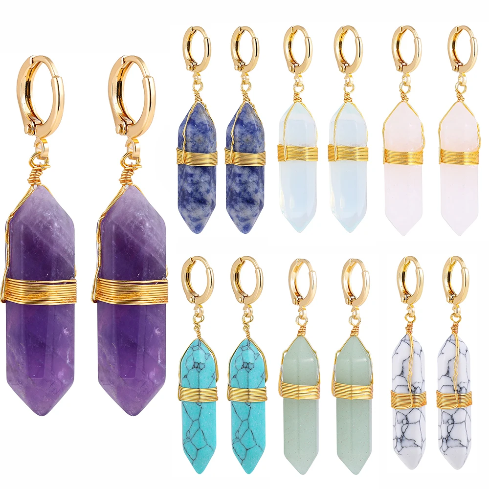 Vintage Natural Faceted Hexagonal Prism Crystal Stones Pendants Wire-Wrap Earrings dla kobiet Długa geometryczna biżuteria Statement