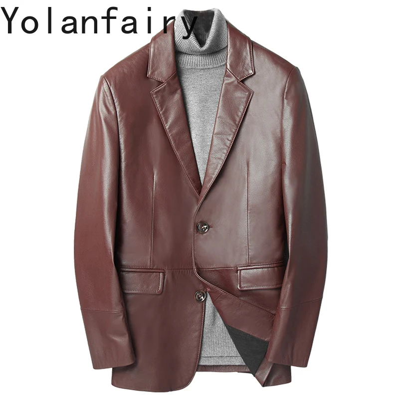 YOLANFAIRY Top Layer Cowhide Leather Coat Man Autumn Winter Suit Jackets Slim-fit 100% Genuine Cow Leather Jacket Men Abrigos