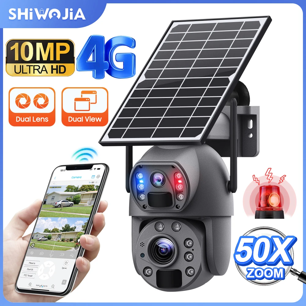 

SHIWOJIA Solar Camera 4G Sim 5K 10MP 50X Zoom Dual Lens Recording Humanoid Tracking Outdoor WIFI Camera Metal Waterproof