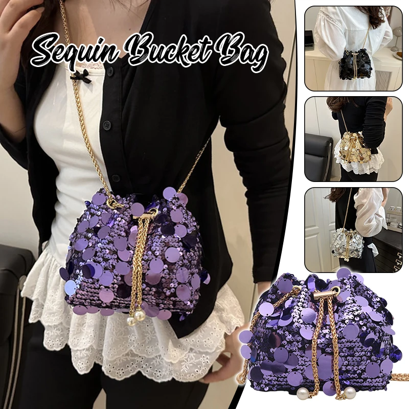 

Sequin Bucket Bag for Women Mini Crossbody Shoulder Purse with Detachable Chain Strap Evening Party Wedding Cocktail Handbag
