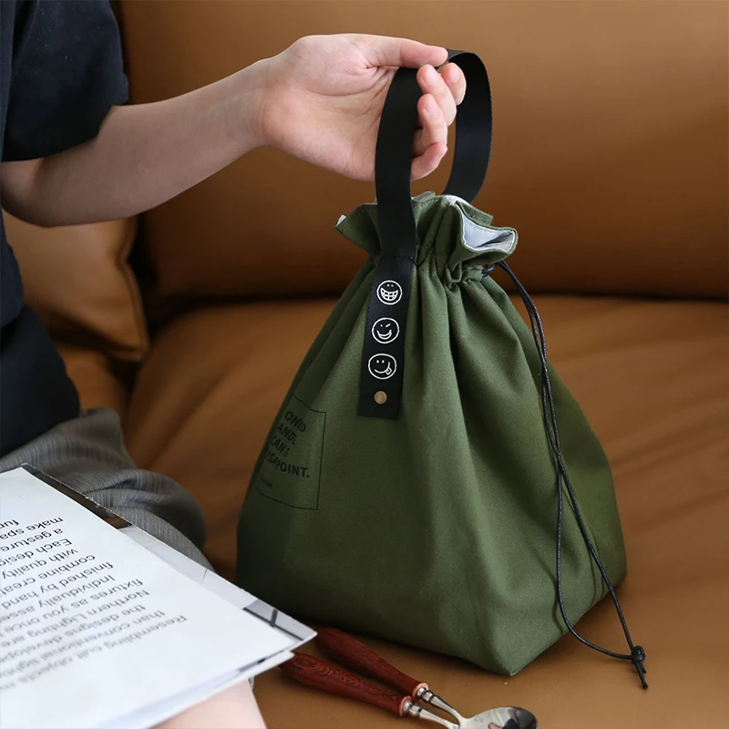 Insulated Bento Bag Adjustable Wide Opening Canvas Drawstring Design Lunch Bag School Lunch Handbag Picnic Accessories