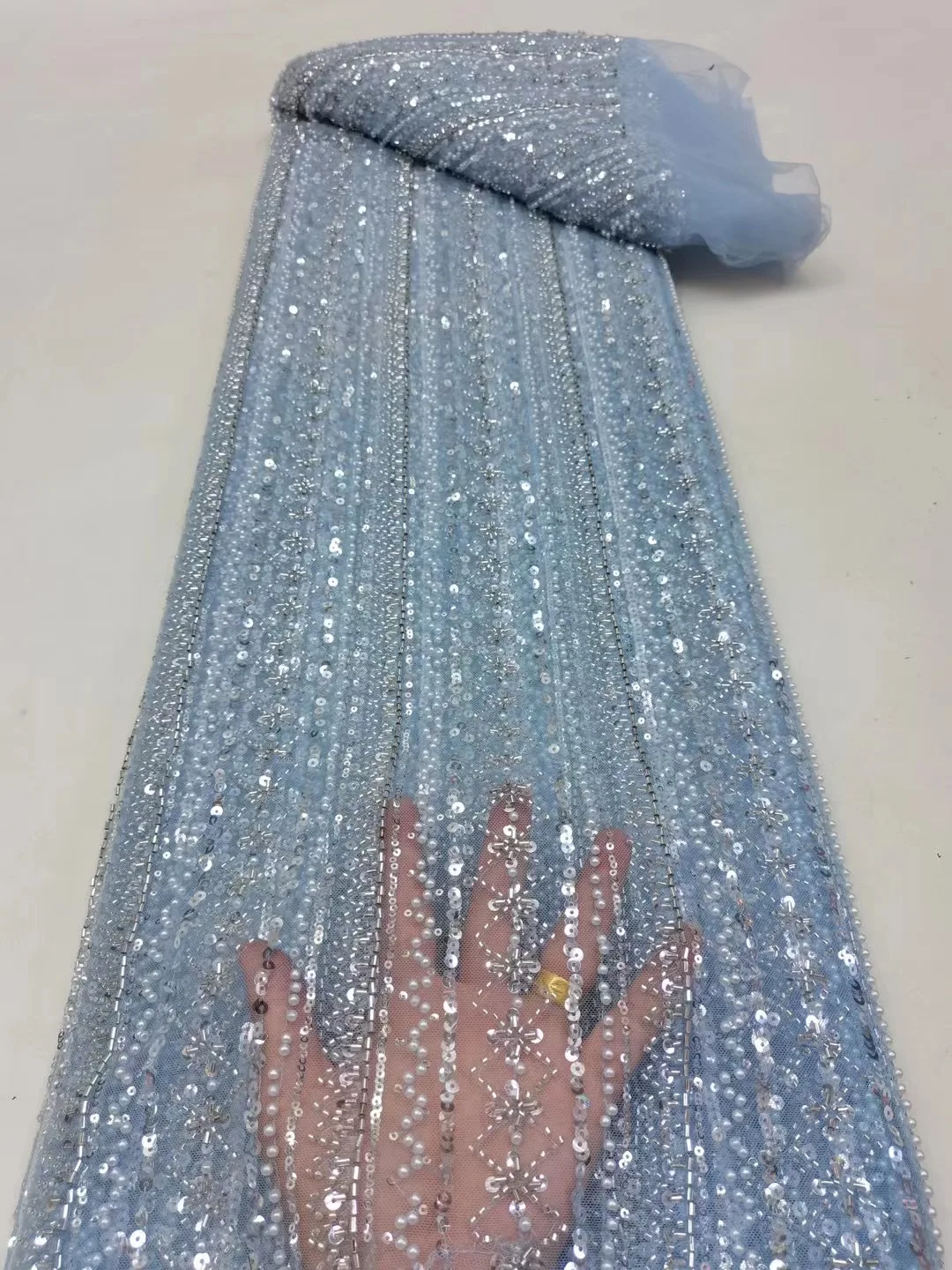 

Dubai crystal beaded fabrics Embroidered tulle pearl and crystal fabric dresses for women fabric 5 yards Evening dress CJ013