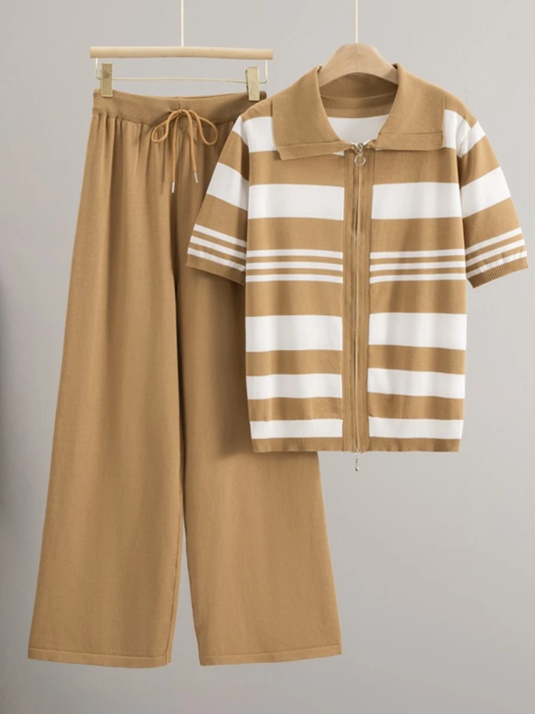 

Женские полосатые топы на молнии с короткими рукавами, повседневные прямые брюки с высокой талией, корейский стиль, летний дизайн, вязаный комплект из 2 предметов