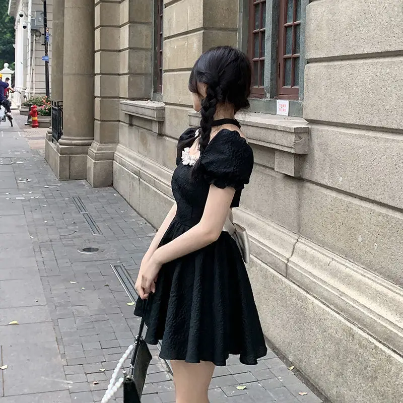 Sexy Backless Bow Dresses Women Summer Fashion High Waist Puff Sleeve Vestidos Vintage Lolita Style Square Collar A-line Dress