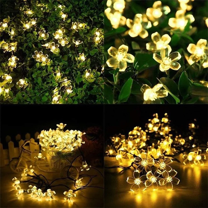 6.5M Solar LED Fairy String Lights Outdoor Waterproof Warm Garden Festival Decor Lights with Ball/Bee/Cherry Blossom/Star Shapes