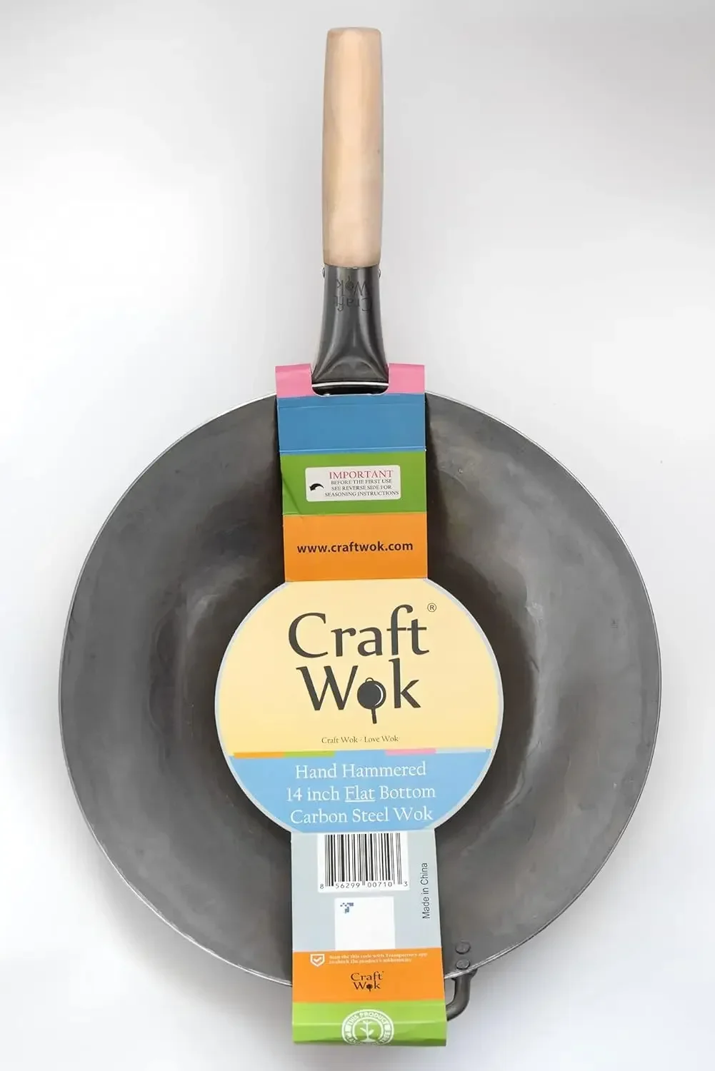 L Craft Wok Flat Hand Hammered Carbon Steel Pow Wok With Wooden And Steel Helper Handle (14 Inch, Flat Bottom)