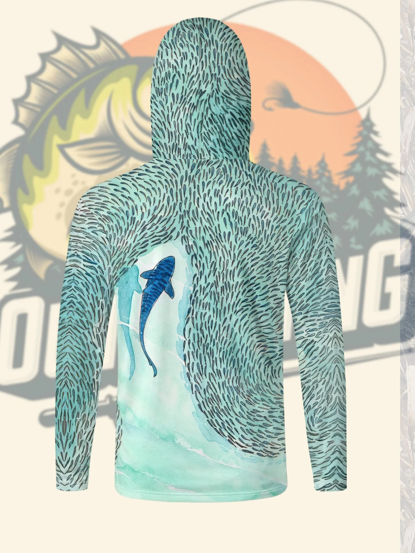 Herren Angelhemd mit Hai-Print, Anti-UV, Kapuze, Gesichtsmaske, UPF50+, schnelltrocknend, atmungsaktiv, langärmelig, Outdoor-Sport-Oberteil – Detail 4