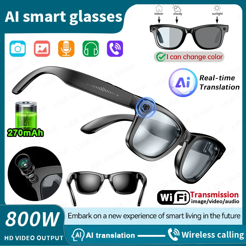 LIGE 8MP HD Camera Smart Glasses Video Bluetooth Call 270mAh Battery AI Voice Translation Men Sunglasses Color-changing Lenses