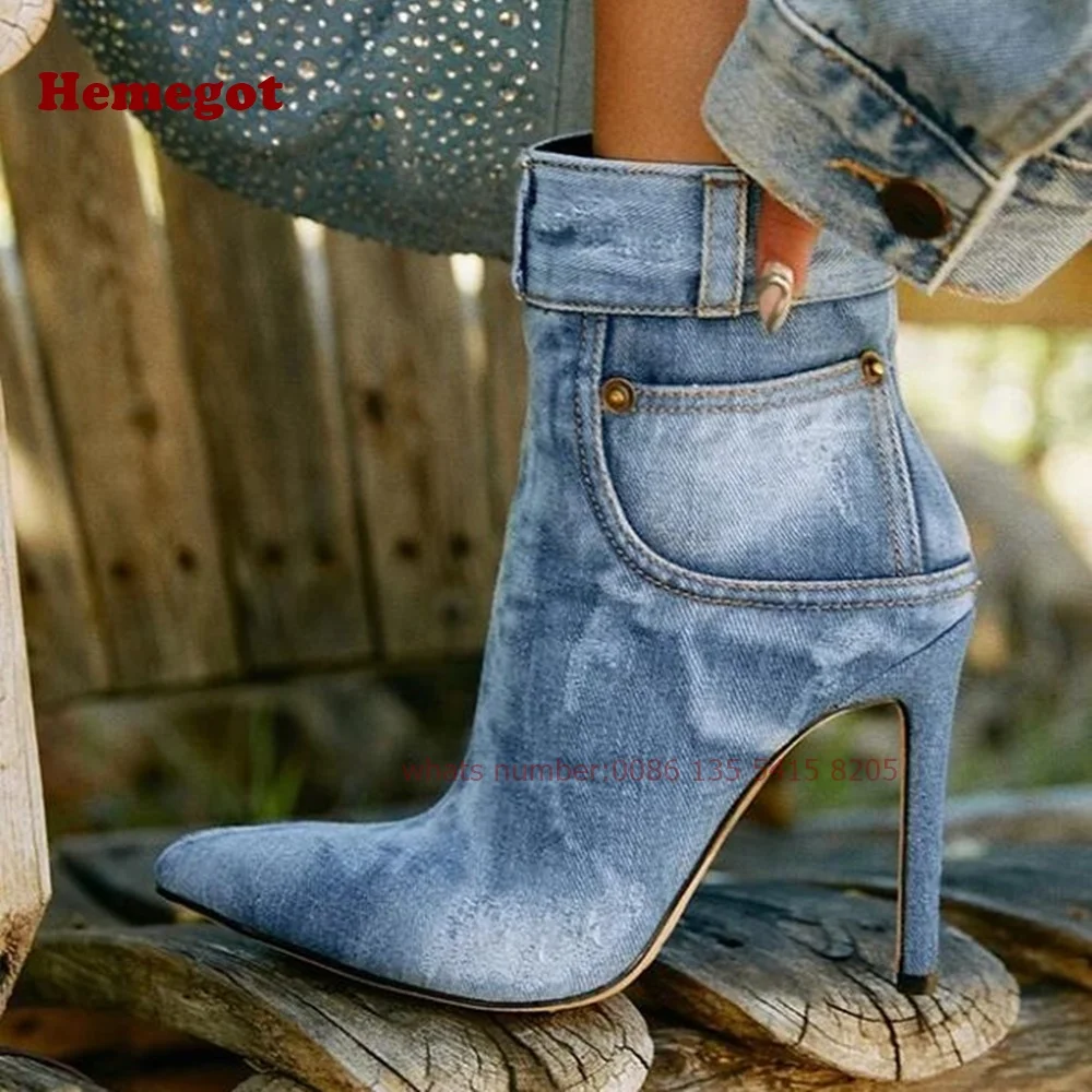 Blue Patchwork Denim Boots Pointed Toe Stiletto Booties for Women Pocket Decoration Side Zipper Casual Shoes 2026 Winter Luxury
