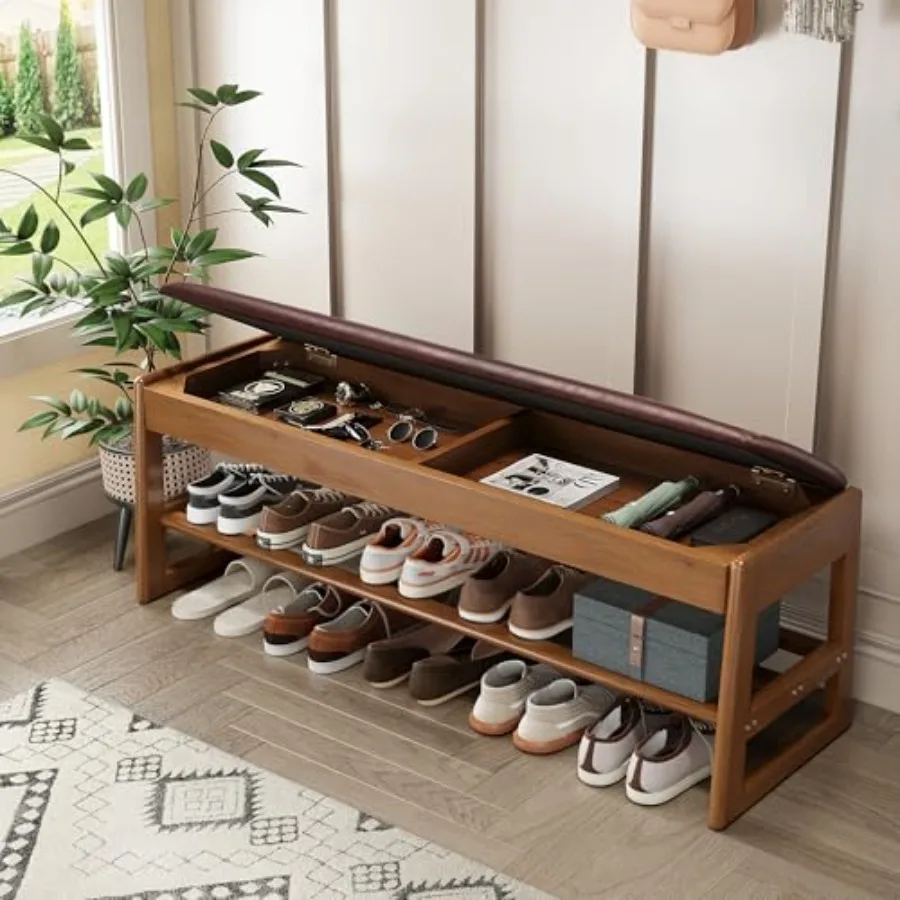 

Shoe Rack Bench with Hidden Storage, 2-Tier Solid Rubberwood Entryway Bench with Soft Leather Cushioned Seat and Flip-Top Stora