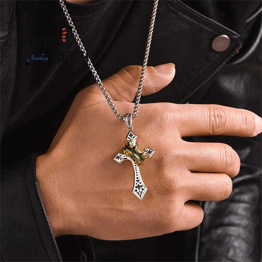 

New Cross-Shaped Necklace For Men, Trendy And Unique Retro Thai Silver Pendant For Niche Men Fashion Jewelry Exquisite Elegant