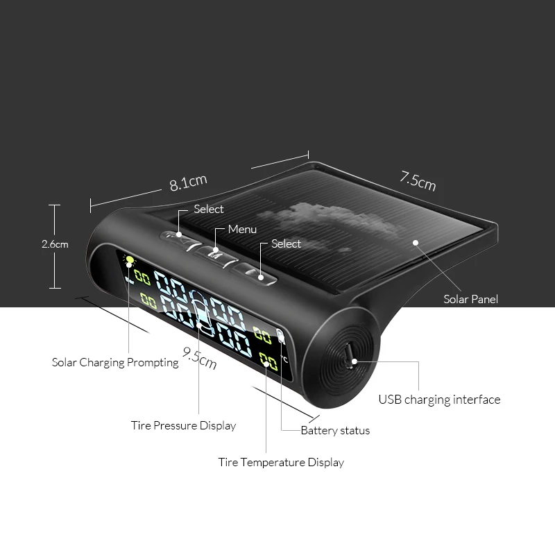Intelligent Auto Solar Power TPMS Pressure Alarm Monitoring System Parking Sensors For Cars Temperature Tire Air Pressure Gauge image 5