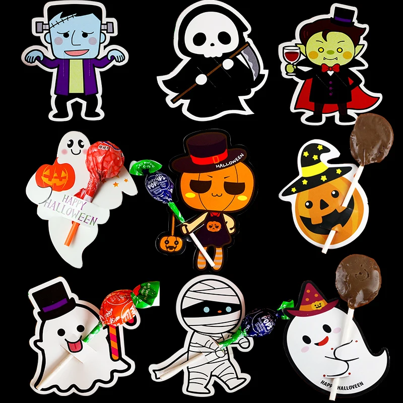 20PCS Halloween Lollipop Package Card Cartoon Pumpkin Ghost Skull Cat Lollipop Holder Halloween Party Supplies Trick Or Treat