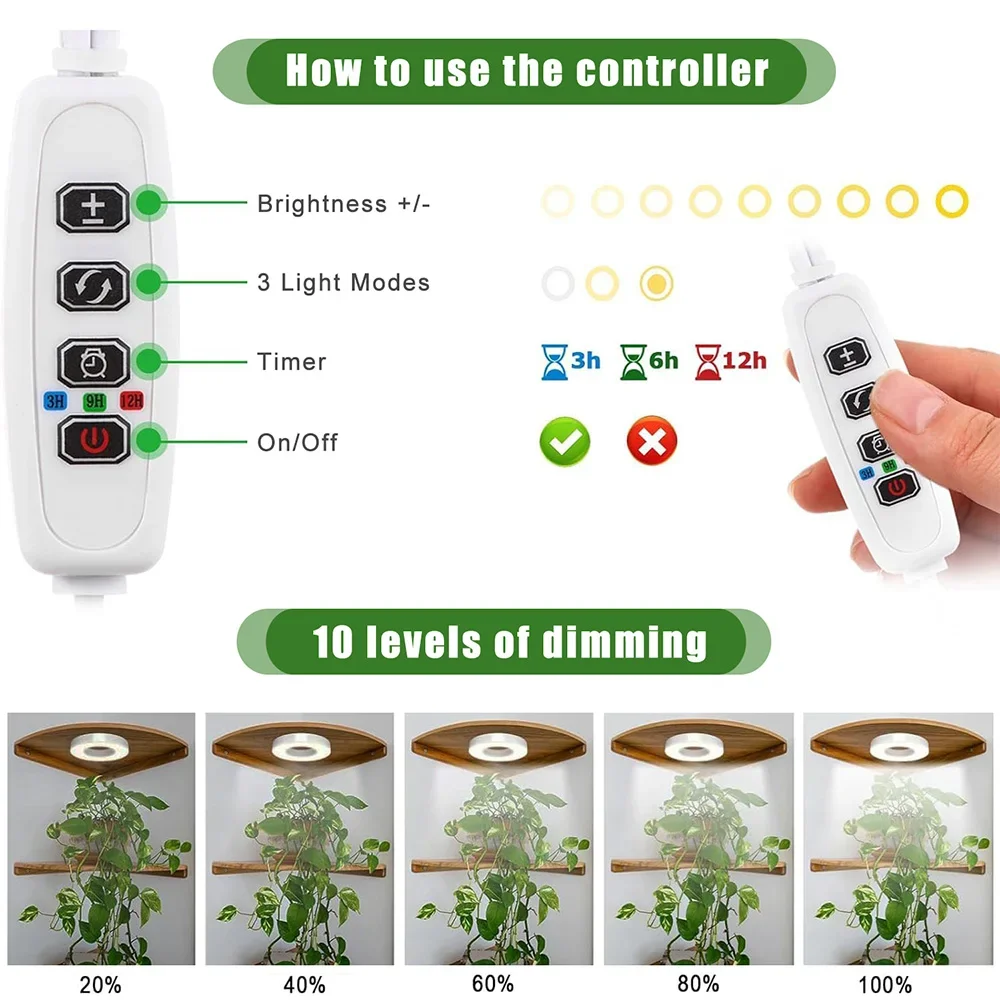 Full Spectrum LED Grow Light 10 Levels Dimmable Auto On/Off Timer Ceiling Under Cabinet Halo Plant Growing Lamp for Indoor Plant
