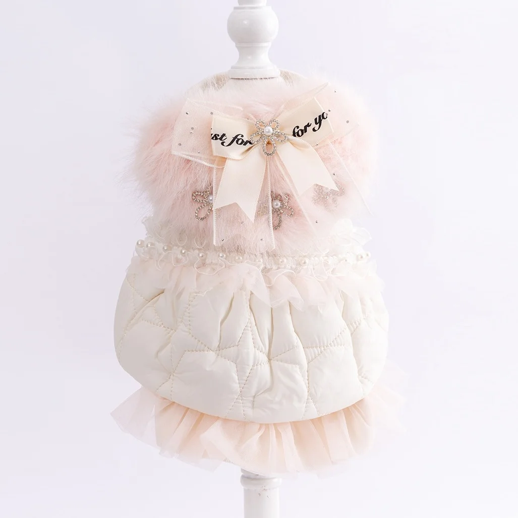 

Кружевное пальто в стиле Лолиты для маленьких собак, плюшевая искусственная меховая теплая розовая куртка для щенков, хлопковое стеганое пальто с бантом, ветрозащитная одежда для собак