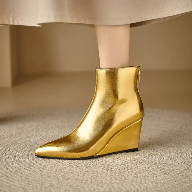 

Gold Silver Zipper Pointed Women Short Boots Fashion New European American Winter Warm 5.5cm High Heels Ankle Boots Size 34-46