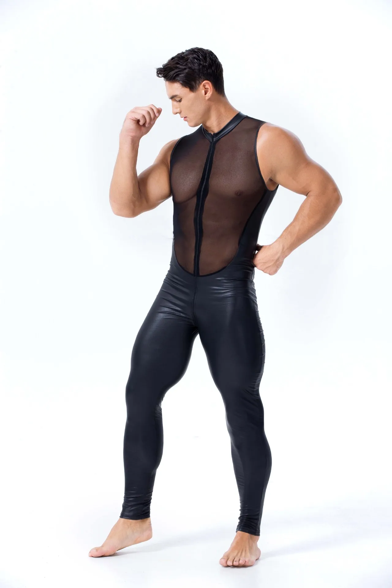 Macacão de couro sintético para homens, Wetlook, envernizado, malha, erótico, fetiche, látex brilhante, sexy, bodysuit fino, boate, fantasia de festa