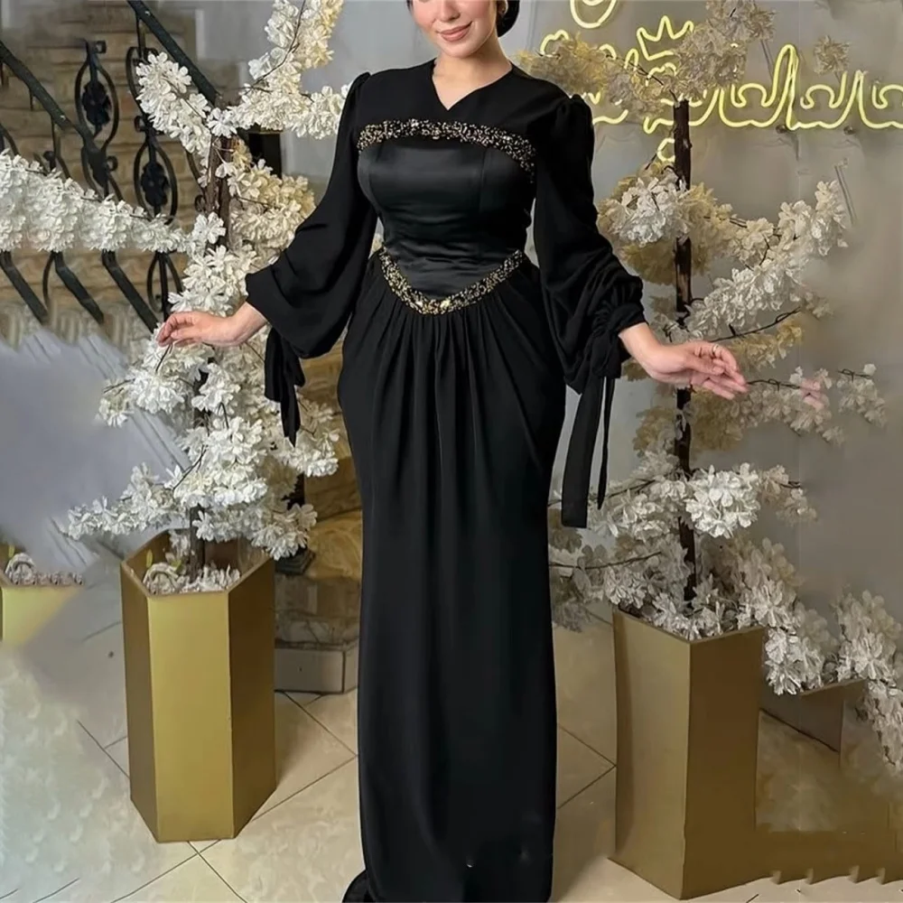 

Customized Exquisite Ruched V Neck Women Prom Dress Long Sleeve Charming Mermaid Floor Length Party Dress Women Evening Gown