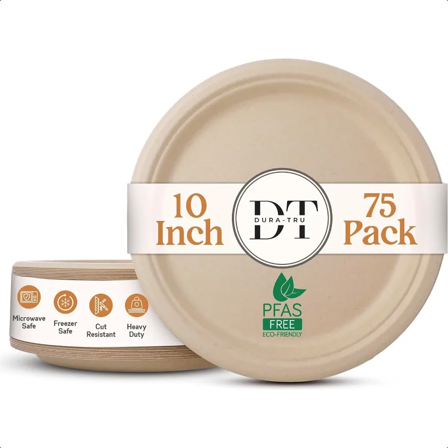 

Heavy Duty EcoFriendly PFASfree Compostable Plates 10 Inch Plates Sugarcane Party Plates [Round 75 Pack] 100 Bagasse Biodegrad