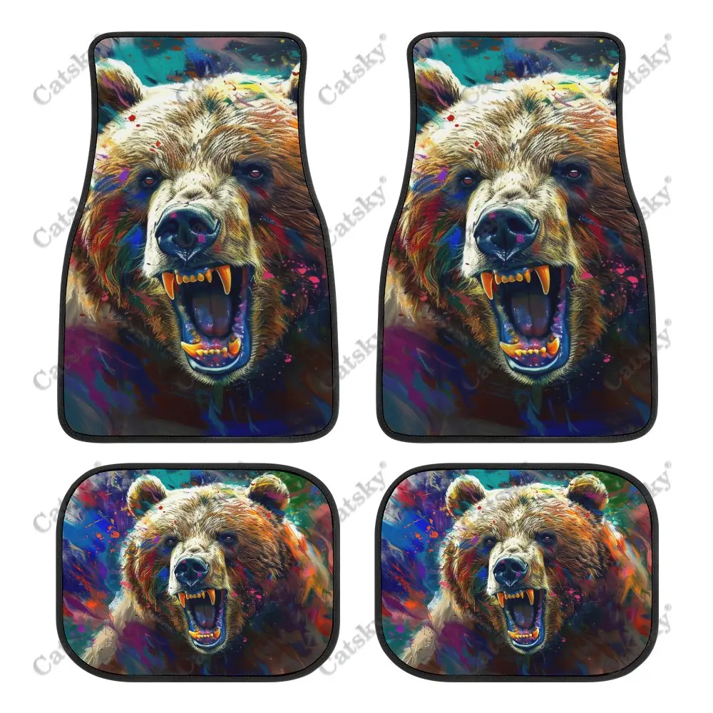 Angry Bear Painting Car Floor Mats 4piece Front Rear Carpet Stain-resistant Complete Set Suitable for SUV Truck Interior Decor