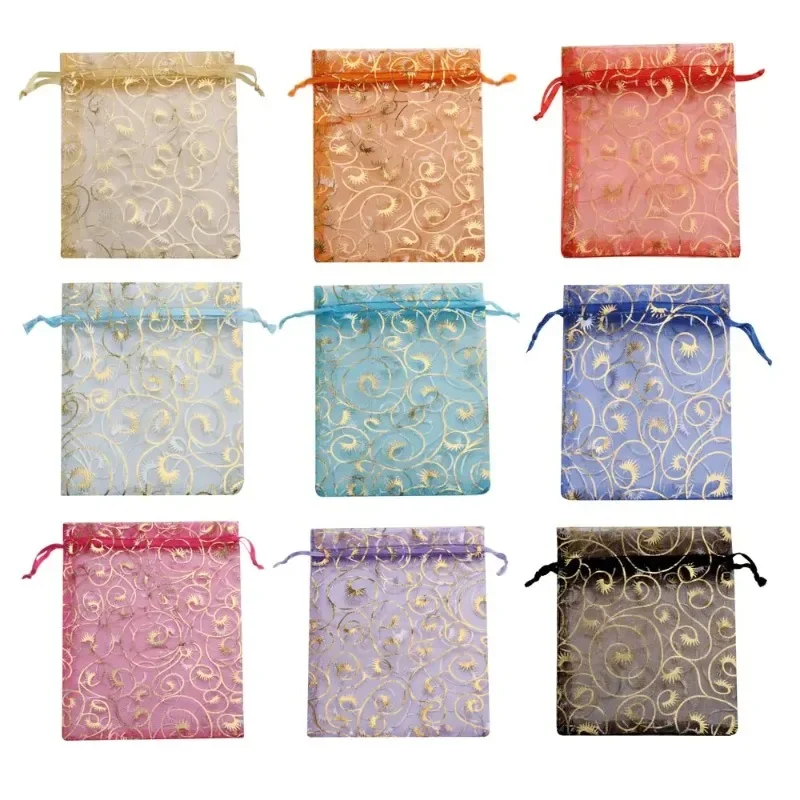 100 Pcs 9x12cm Gold Color Eyelash Pattern Organza Jewelry Pouches Party Wedding Candy Pack Drawstring Gift Bag