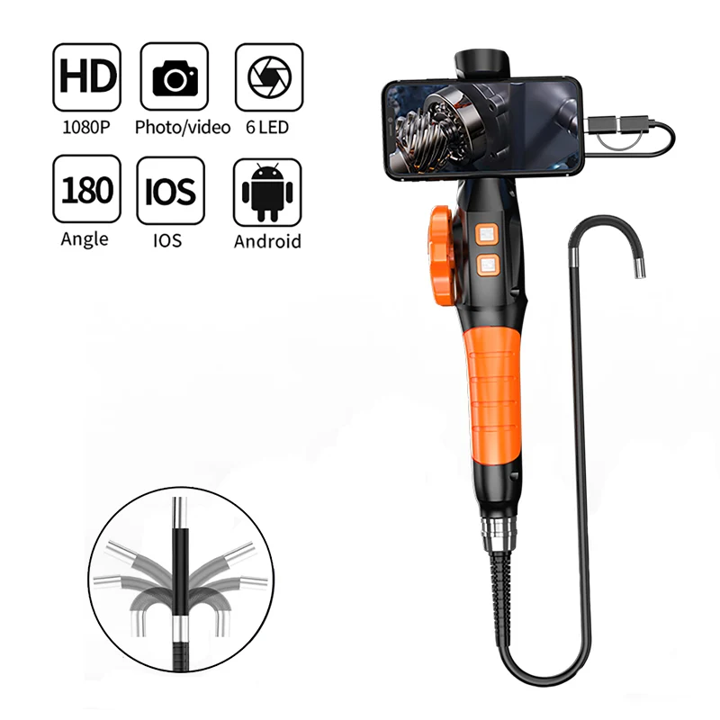 Endoscope Borescope Inspection 360 degree Rotation Camera 6.4mm 1080P HD Articulated Snake Camera Waterproof 6 LED Car Engine