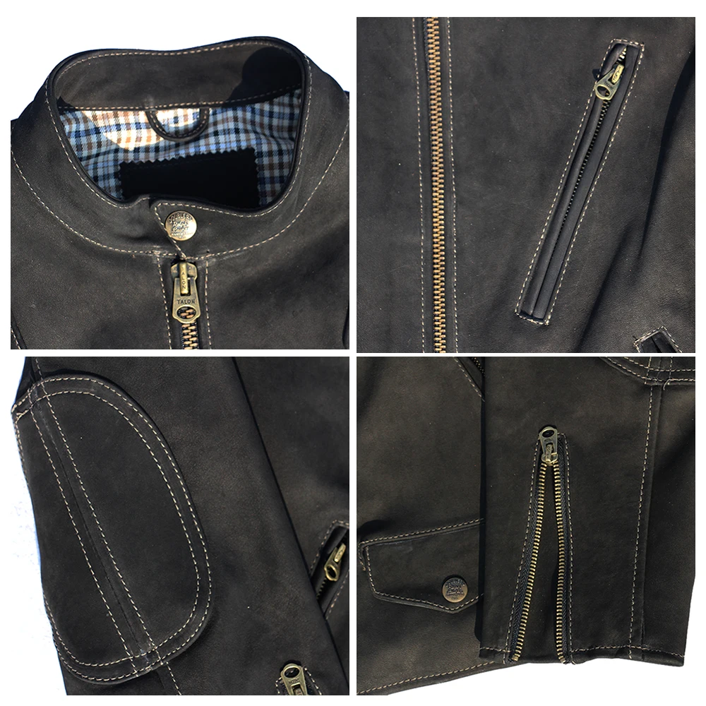 Veste en cuir de vachette véritable pour hommes, manteau de moto à fermeture éclair, col montant court, coupe couvertes, mode noire