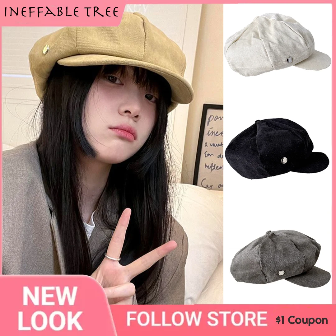 INS Metal Patches Newsboy Beret Caps for Women Octagonal Cap Pure Color Adjustable Rope Baker Boy Painter Hat Boinas Para Hombre