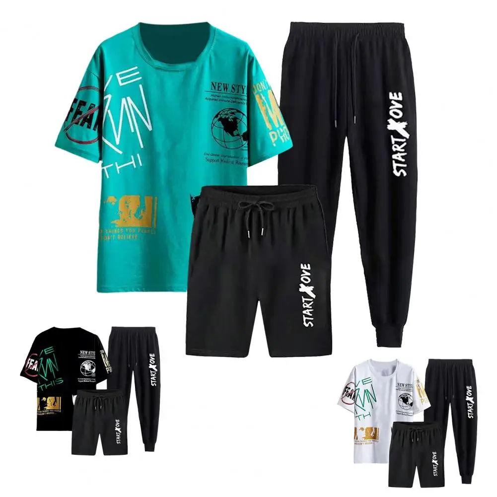 Conjunto Sportswear masculino gola redonda, camiseta de manga curta, calções de cintura com cordão elástico, moletom, agasalho estampado, 3 peças