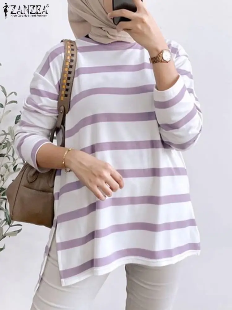 

ZANZEA Fashion Long Sleeve Striped Blouse Casual Muslim Ramadan Turkey Shirt Loose Holiday Blusas Chemise 2024 Women Spring Tops