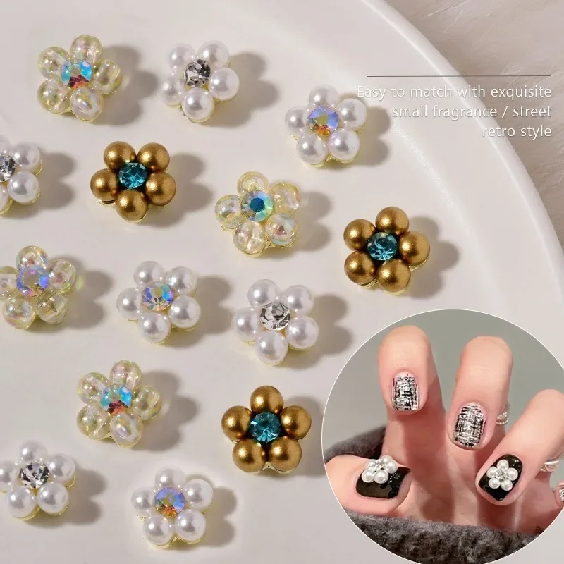 10Pcs Flat Iridescent White Pearl Flower Alloy Nail Charms Stack Rhinestone DIY Manicure Nail Art Decor Accessories