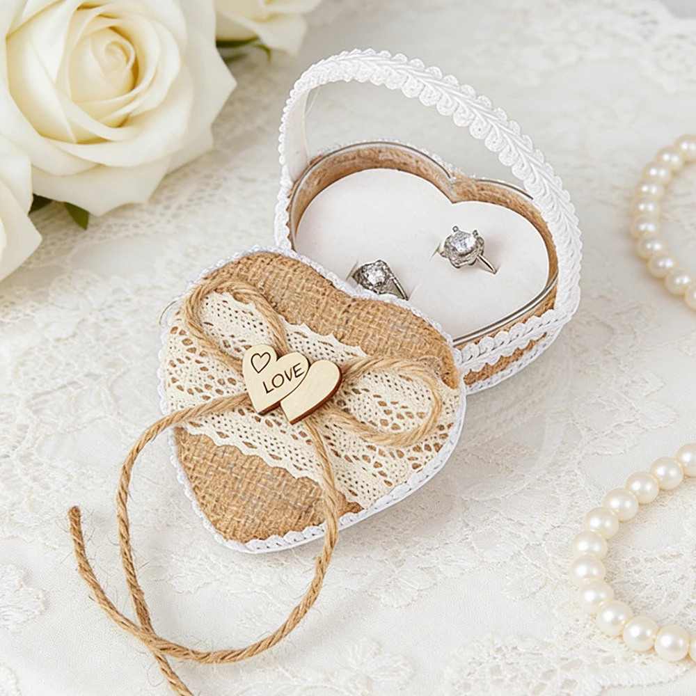 Vintage Heart Shape Burlap Lace Ring Box Pillow for Wedding, Rustic Jewelry Storage Case, Bridal Proposal Ring Holder