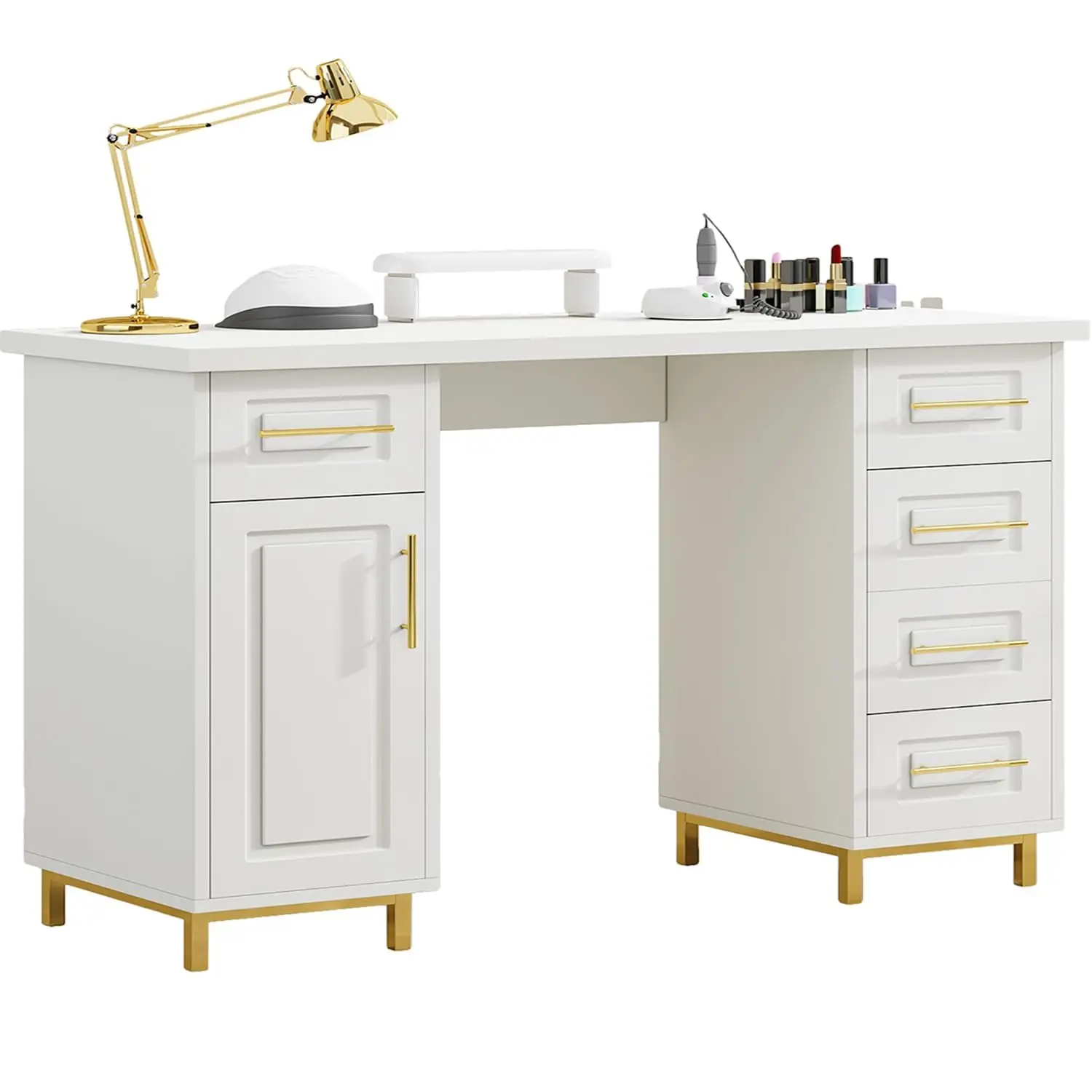 Nail Tech Desk for Nail Tech, 43 Inch Wooden Manicure Table with Storage, Nail Table with 5 Drawers and Cabinet,Customized