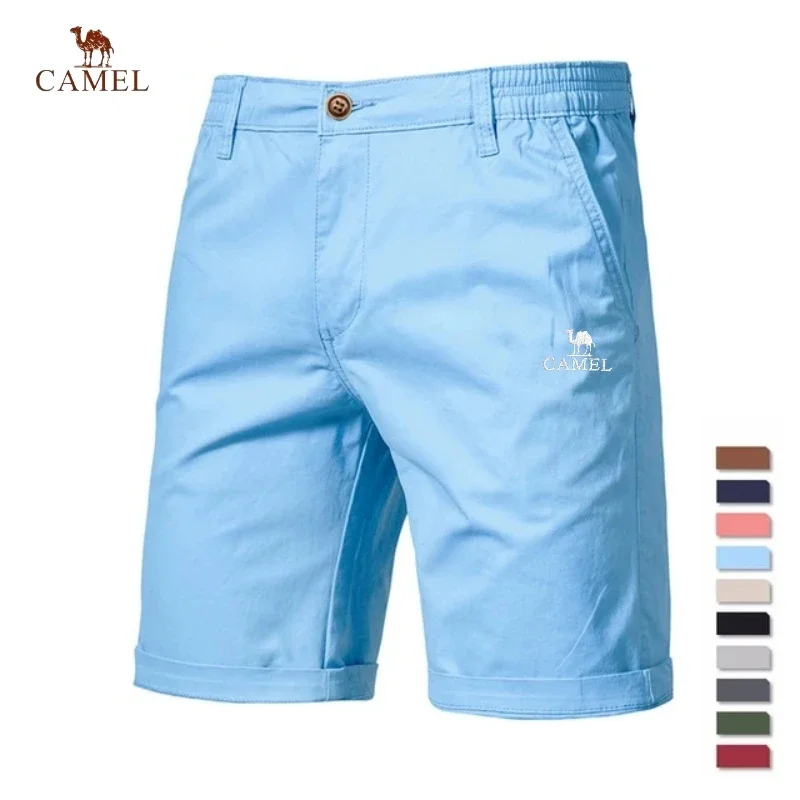 High End Embroidered CAMEL 100% Cotton Casual Shorts Summer Men's Fashion Casual Sports Comfortable Elastic Waist Beach Shorts