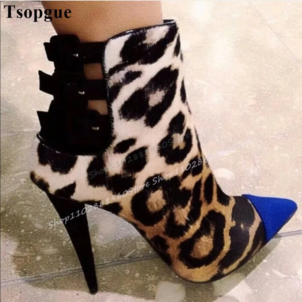 

Leopard Print Splicing Buckle Strap Pointy Ankle Boots Spike High Heel Women Shoes Side Zipper Pointed Toe Casual Stylish Boots
