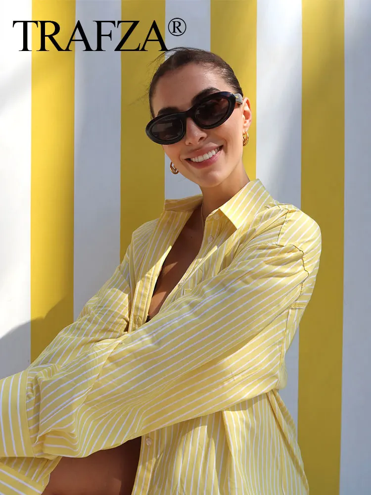 TRAFZA 2024 Summer Causal Yellow Striped Blouse For Women Long Sleeves Lapel With Pocket Single Breasted Elegant Shirt Chic Tops