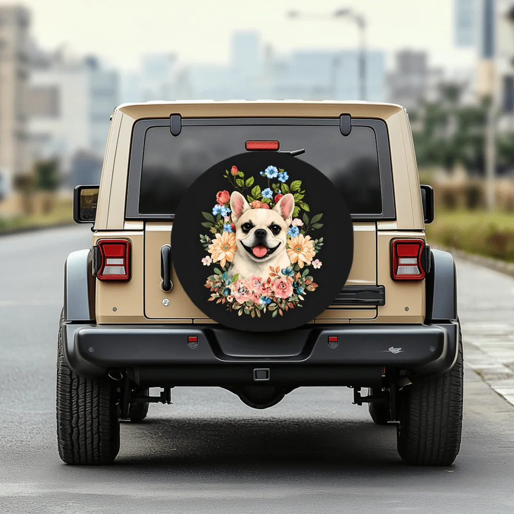 French Bulldog Floral Pattern 30/34 Inch Multi-Functional Tire Cover, Suitable For Jeeps, Trailers, RVs, Off-Road Vehicles, Truc