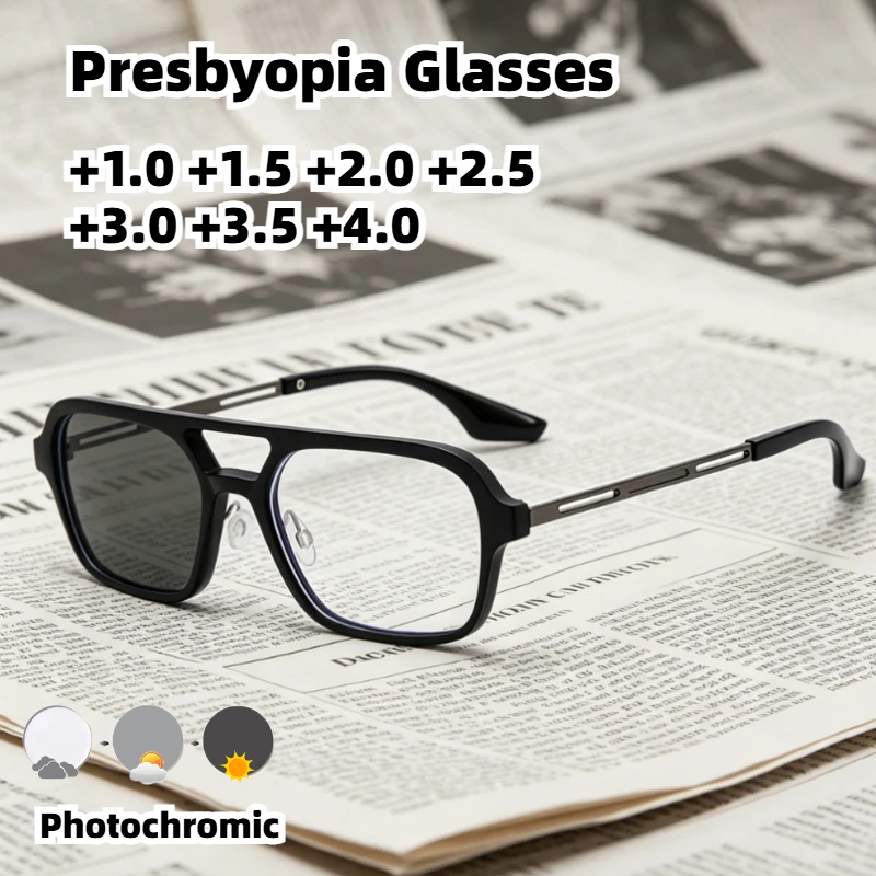 

Photochromic Presbyopia Glasses with Double Bridge Square Hollow Indoor Outdoor Reading Glasses for Unisex Diopters +1.0 To +4.0
