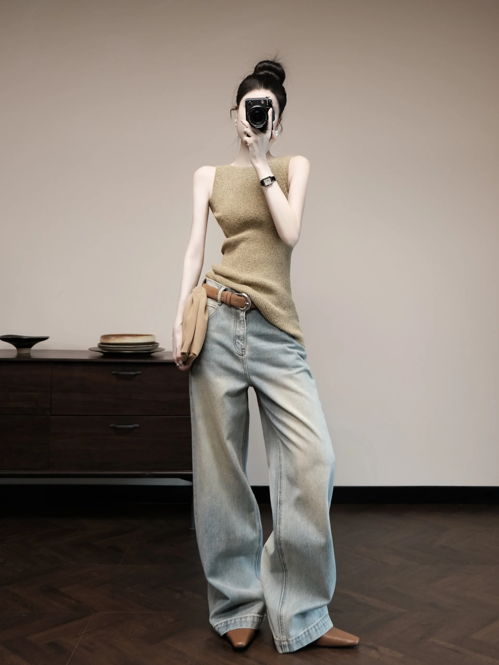 

Jiang ретро хлопковые джинсовые широкие брюки с высокой талией на молнии уличные женские джинсы повседневные свободные посадки лето весна