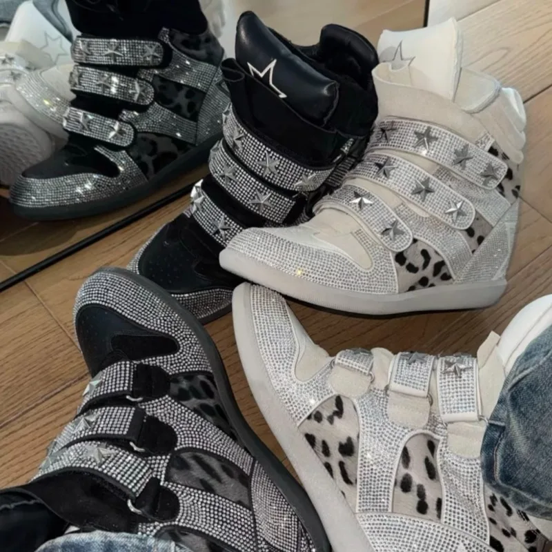 High‑Top Hidden Wedges Sneakers Rhinestone Star Studded Velcro Thick Sole Ankle Boots Street Fashion Women Daily Party Sneakers