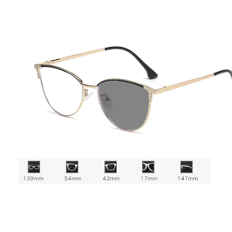 Neue klassische Cat Eye photochrome Damen-Myopie-Brille, fortschrittliche Mode, neutrale Diamant-Intarsien, Anti-Blaulicht-Brille – Detail 9