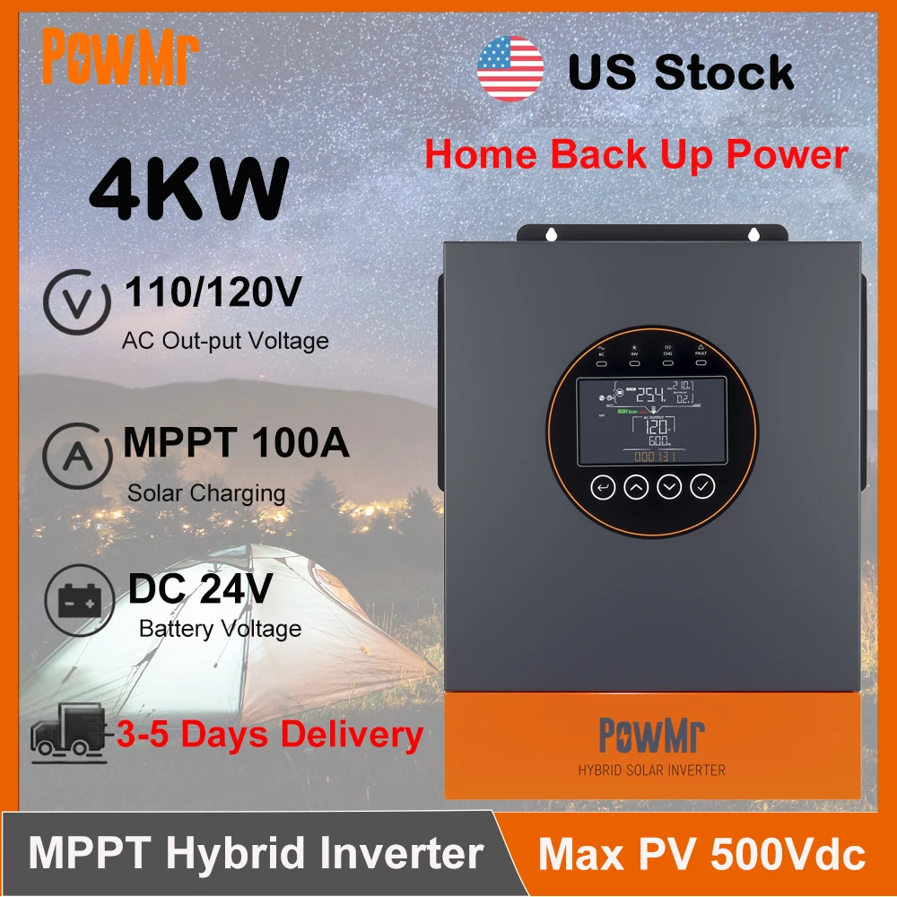 US Stock 4KW 24V Hybrid Solar Inversor 110V 120VAC 100A MPPT Solar Charger Controller Max PV Input 5000W Off-Grid Home Inversor fit Lithium Batteria